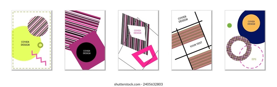 Geometric cover design, set of 5 covers. Abstract unusual background in Memphis style. Bright geometric shapes in random order