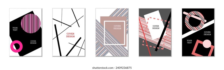 Geometric cover design, set of 5 covers. Abstract unusual background in Memphis style. Bright geometric shapes in random order