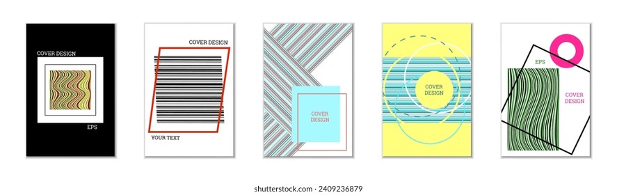 Diseño de cubierta geométrica, conjunto de 5 cubiertas. Resumen de antecedentes inusuales al estilo Memphis. Formas geométricas luminosas en orden aleatorio