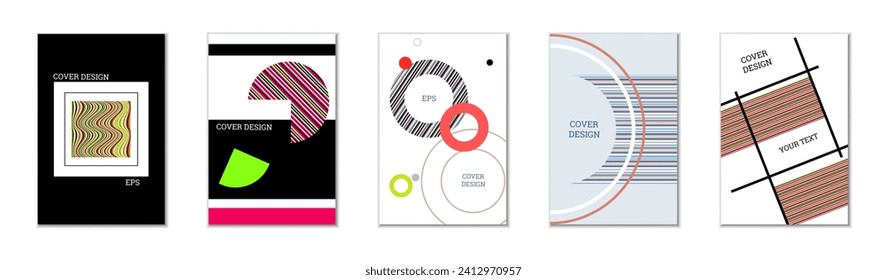 Geometric cover design, set of 5 covers. Abstract unusual background in Memphis style. Bright geometric shapes in random order