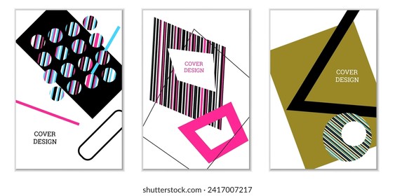 Geometric cover design, set of 5 covers. Abstract unusual background in Memphis style. Bright geometric shapes in random order