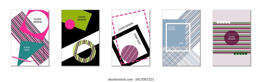 Geometric cover design, set of 5 covers. Abstract unusual background in Memphis style. Bright geometric shapes in random order