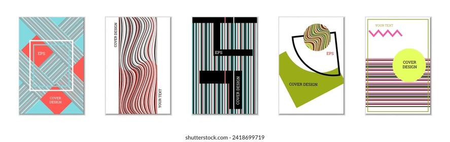 Geometric cover design, set of 5 covers. Abstract unusual background in Memphis style. Bright geometric shapes in random order
