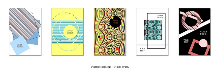 Geometric cover design, set of 5 covers. Abstract unusual background in Memphis style. Bright geometric shapes in random order