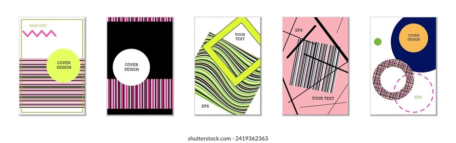 Geometric cover design, set of 5 covers. Abstract unusual background in Memphis style. Bright geometric shapes in random order