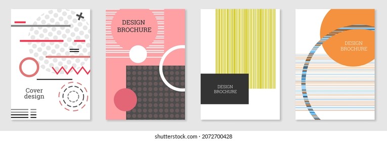 Geometrisches Cover-Design, Set. Abstrakter ungewöhnlicher Hintergrund im Stil von Memphis. Helle geometrische Formen in zufälliger Reihenfolge