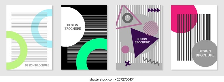 Geometric cover design, set. Abstract unusual background in the style of Memphis. Bright geometric shapes in random order