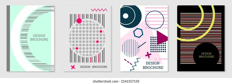 Geometric cover design, set. Abstract unusual background in the style of Memphis. Bright geometric shapes in random order