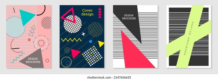 Diseño de cubierta geométrica, conjunto. Resumen de antecedentes inusuales al estilo de Memphis. Formas geométricas luminosas en orden aleatorio