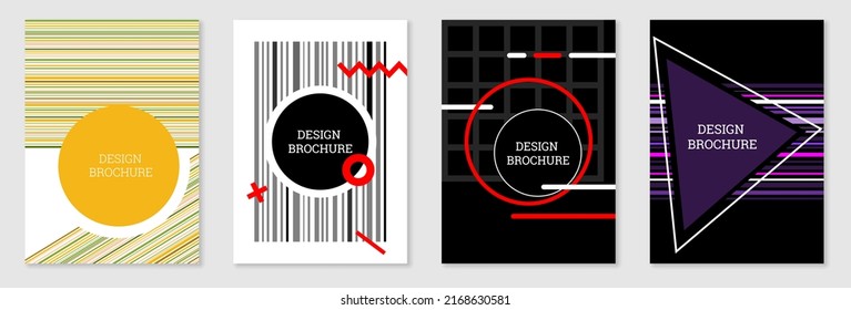 Geometric cover design, set. Abstract unusual background in the style of Memphis. Bright geometric shapes in random order