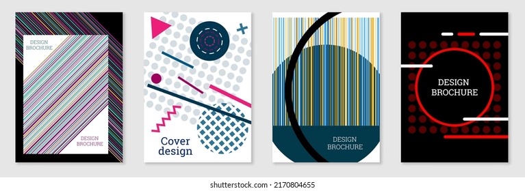 Geometric cover design, set. Abstract unusual background in the style of Memphis. Bright geometric shapes in random order