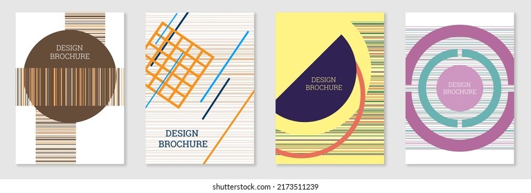 Geometrisches Cover-Design, Set. Abstrakter ungewöhnlicher Hintergrund im Stil von Memphis. Helle geometrische Formen in zufälliger Reihenfolge