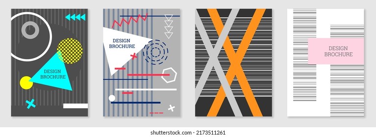 Geometric cover design, set. Abstract unusual background in the style of Memphis. Bright geometric shapes in random order