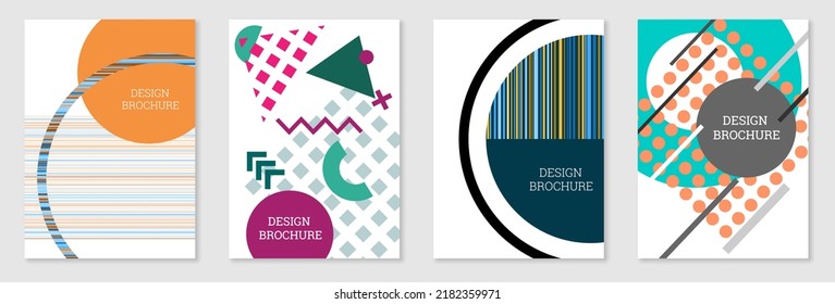 Geometric cover design, set. Abstract unusual background in the style of Memphis. Bright geometric shapes in random order