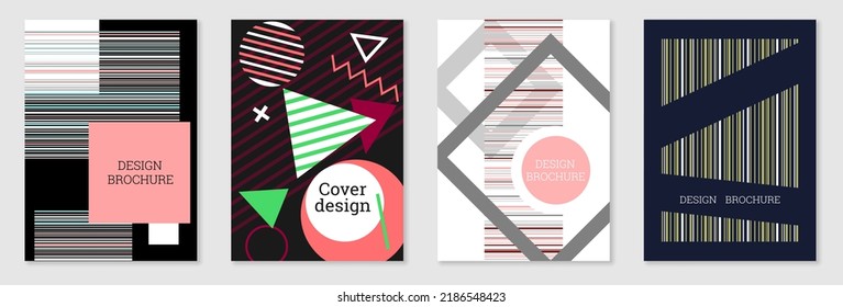 Geometric cover design, set. Abstract unusual background in the style of Memphis. Bright geometric shapes in random order