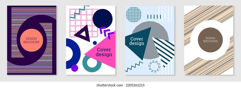 Geometric cover design, set. Abstract unusual background in the style of Memphis. Bright geometric shapes in random order
