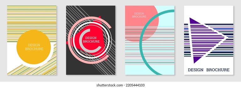 Geometric cover design, set. Abstract unusual background in the style of Memphis. Bright geometric shapes in random order