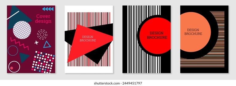 Geometrische Abdeckungskonstruktion, eingestellt. Abstrakter ungewöhnlicher Hintergrund im Stil von Memphis. Helle geometrische Formen in zufälliger Reihenfolge