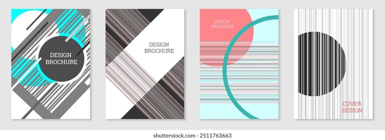 Geometric cover design, set. Abstract unusual background in the style of Memphis. Bright geometric shapes in random order