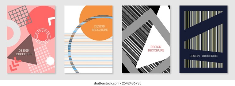 Diseño de cubierta geométrica, conjunto. Abstractas fondo inusual en el estilo de Memphis. Formas geométricas brillantes en orden aleatorio