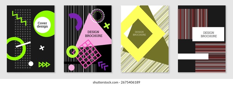 Geometric cover design, set. Abstract unusual background in the style of Memphis. Bright geometric shapes in random order
