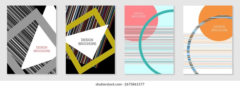 Geometric cover design, set. Abstract unusual background in the style of Memphis. Bright geometric shapes in random order