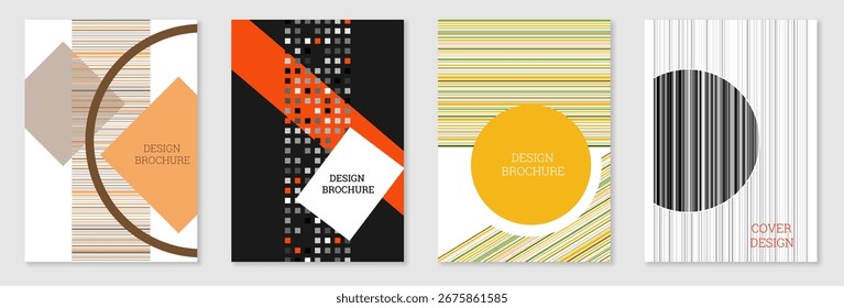Geometric cover design, set. Abstract unusual background in the style of Memphis. Bright geometric shapes in random order