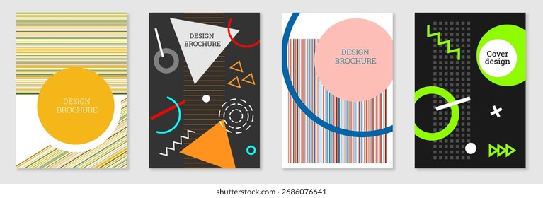 Projeto de cobertura geométrica, conjunto. Abstrato fundo incomum no estilo de Memphis. Formas geométricas brilhantes em ordem aleatória