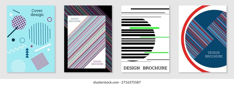 Diseño de cubierta geométrica, conjunto. Abstractas fondo inusual en el estilo de Memphis. Formas geométricas brillantes en orden aleatorio
