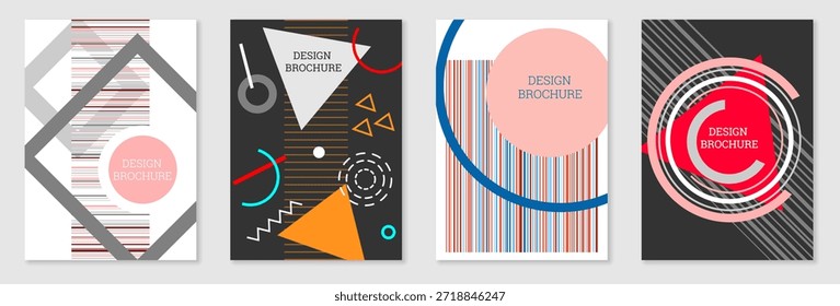 Diseño de cubierta geométrica, conjunto. Abstractas fondo inusual en el estilo de Memphis. Formas geométricas brillantes en orden aleatorio