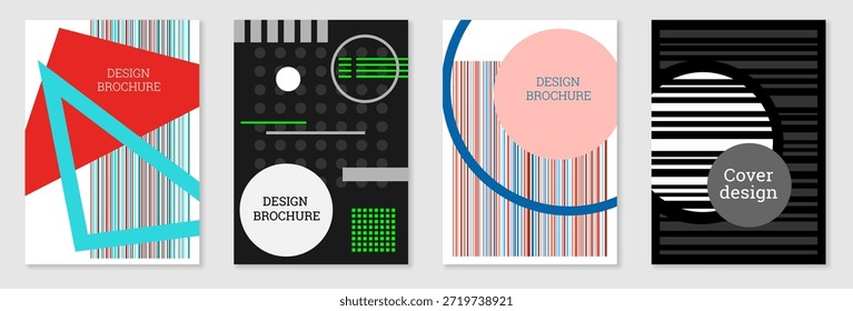 Diseño de cubierta geométrica, conjunto. Abstractas fondo inusual en el estilo de Memphis. Formas geométricas brillantes en orden aleatorio