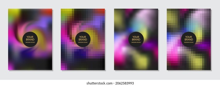 Geometric cover design set, collection of vertical templates. Watercolor backgrounds, pattern in various shades. Dissolved filled square dotted vector icon with decay effect.