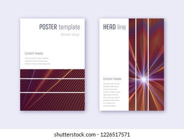 Geometric cover design template set. Orange abstract lines on wine red background. Bewitching cover design. Memorable catalog, poster, book template etc.