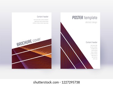 Geometric cover design template set. Orange abstract lines on wine red background. Brilliant cover design. Artistic catalog, poster, book template etc.