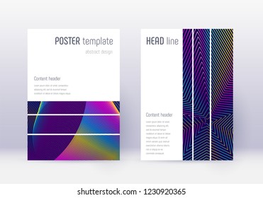 Geometric cover design template set. Rainbow abstract lines on dark blue background. Bizarre cover design. Astonishing catalog, poster, book template etc.