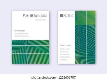 Geometric cover design template set. Green abstract lines on dark background. Beautiful cover design. Optimal catalog, poster, book template etc.