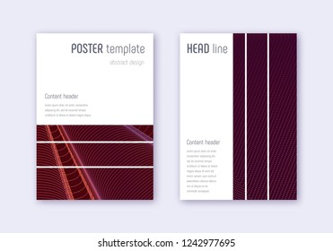 Geometric cover design template set. Orange abstract lines on wine red background. Bewitching cover design. Popular catalog, poster, book template etc.