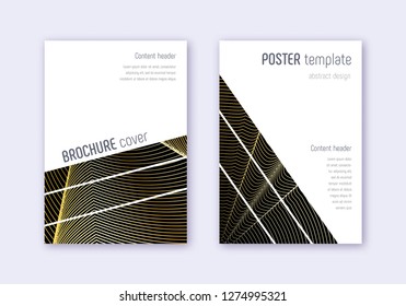 Geometric cover design template set. Gold abstract lines on black background. Bold cover design. Juicy catalog, poster, book template etc.