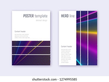 Geometric cover design template set. Rainbow abstract lines on dark blue background. Bizarre cover design. Artistic catalog, poster, book template etc.