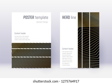 Geometric cover design template set. Gold abstract lines on black background. Beauteous cover design. Unique catalog, poster, book template etc.