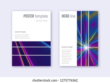 Geometric cover design template set. Rainbow abstract lines on dark blue background. Bizarre cover design. Beautiful catalog, poster, book template etc.