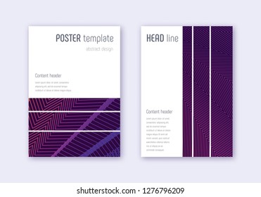 Geometric cover design template set. Violet abstract lines on dark background. Bold cover design. Creative catalog, poster, book template etc.