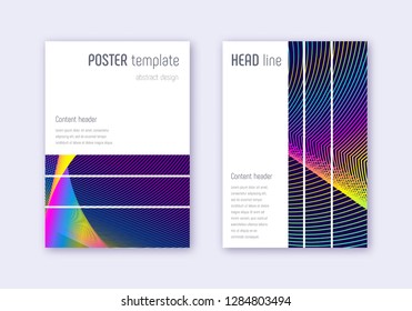 Geometric cover design template set. Rainbow abstract lines on dark blue background. Bizarre cover design. Attractive catalog, poster, book template etc.
