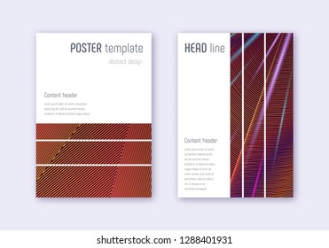 Geometric cover design template set. Orange abstract lines on wine red background. Bewitching cover design. Ideal catalog, poster, book template etc.