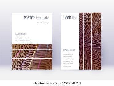 Geometric cover design template set. Gold abstract lines on maroon background. Beautiful cover design. Likable catalog, poster, book template etc.