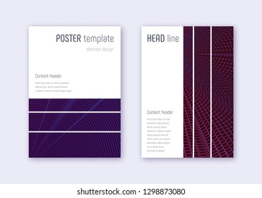 Geometric cover design template set. Violet abstract lines on dark background. Bizarre cover design. Wondrous catalog, poster, book template etc.