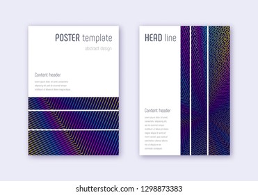 Geometric cover design template set. Rainbow abstract lines on dark blue background. Bewitching cover design. Wondrous catalog, poster, book template etc.