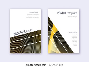 Geometric cover design template set. Gold abstract lines on black background. Bold cover design. Fine catalog, poster, book template etc.