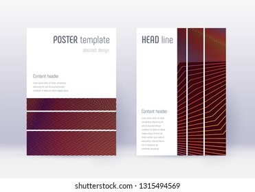 Geometric cover design template set. Orange abstract lines on wine red background. Bewitching cover design. Outstanding catalog, poster, book template etc.