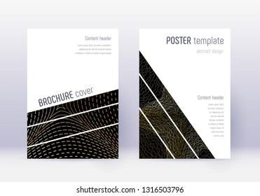 Geometric cover design template set. Gold abstract lines on black background. Bold cover design. Immaculate catalog, poster, book template etc.
